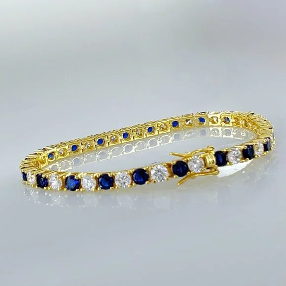 Mens 14K Gold 2ct Blue Sapphire Gemstone Diamond Tennis Bracelet 7 7.5 8 Size